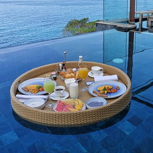 RIQHTIK Large Floating Drink Holder, Floating Refreshment Table Tray, Compartment Portable Floating Pool Tray, for Swimming Pool Accessories Hot Tub Beach and Party Decor,Brown,60cm/23.6in