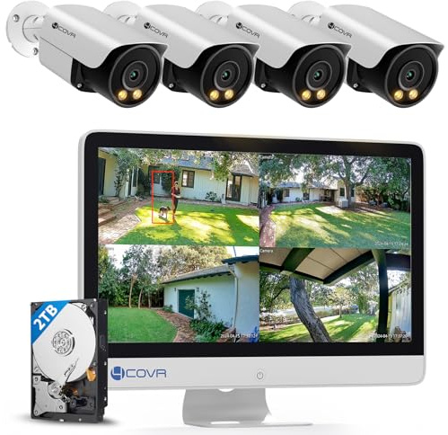 4COVR PoE CCTV Camera Systems with Monitor, 8CH NVR 2TB HDD, ELY37YX5MU804 | 4×5MP Bullet IP Camera IP67 Outdoor, 2-Way Talk & Smart Color Night Vision, Human/Vehicle Detection, Remote Access
