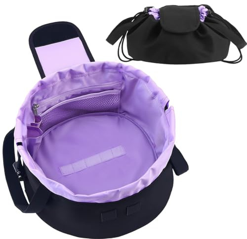 Mrsfox Lay Flat Drawstring Makeup Bag,Travel Cosmetic Organizer for Women,Large Capacity Toiletry Bag,Portable Open-Flat Design for Skincare and Makeup Brushes (Purple)