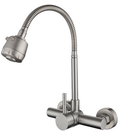 Rubinetto Cucina a Muro Impugnatura Singola Acqua Fredda e Calda Doppia Modalità Acciaio Inossidabile-Spazzolato