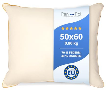 pen pol Federkissen 50x60 cm 800g – Kopfkissen zum Schlafen 70% Federn & 30% Daunen – Naturfüllung – Bettkissen 100% Baumwollbezug – Atmungsaktiv & Formstabil – Weiches Kopfkissen – Made in EU - Ecru
