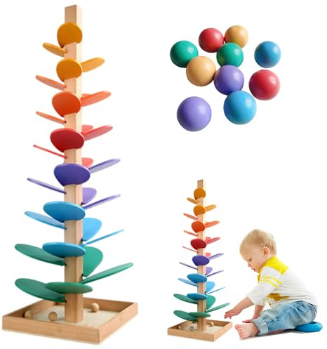 SGZIOO Klangbaum Holz, Klangturm, 72cm Regenbogen Murmelbahn Ab 1 Jahr, Große Kugelbahn mit 10 Murmeln & 6 Bunte Ebenen, Montessori Regenbogen Murmel Holzturm