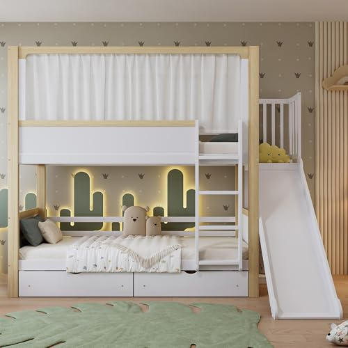 Litera de 90x200 cm con tobogán Escalera cajones Cama Alta Superior con Cortina de Tela Camas Doble Pino + MDF + Madera contrachapada Bed Invitados sin colchón Blanco + Natural