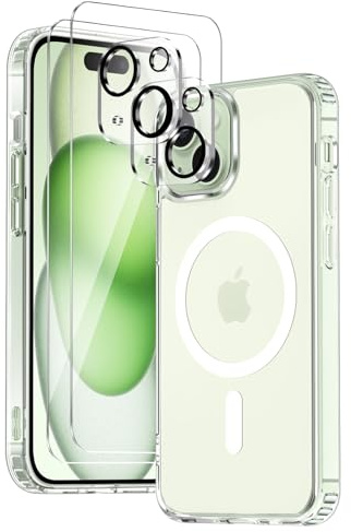 COPIKE Funda Magnética para iPhone 15 Plus con 2 Cristal Templado y 2 Protector Cámara, Compatible con MagSafe, Carcasa Antigolpes Anti-Amarillo Tapa Trasera Resistente Arañazos, Transparent