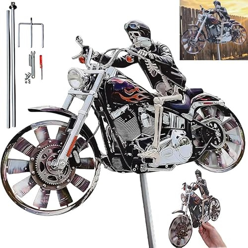 Skelett Motorrad Windspiel – 2D flaches Metall Windmühle Garten mit Totenkopf, drehende Räder, wetterfest, für Terrasse & Hof, 32x26 cm