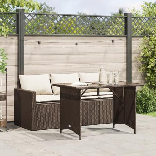 sephironlbb Set di 2 mobili da giardino in polyrattan marrone con cuscino, divano a 3 posti, tavolo da giardino con piano in vetro, resistente alle intemperie, per balcone, terrazza, con imbottitura