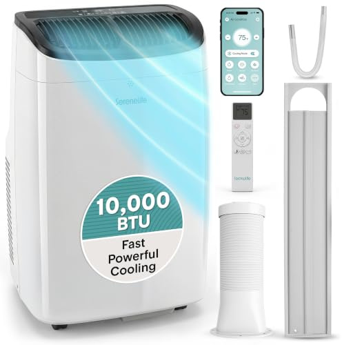 SereneLife Portable Air Conditioner 9000 BTU | 3-in-1 AC Unit w/Fan | Dehumidifier | Follow Me Sensor | Sleep & Turbo Modes | Child Lock | Window Kit | Self-Evaporating