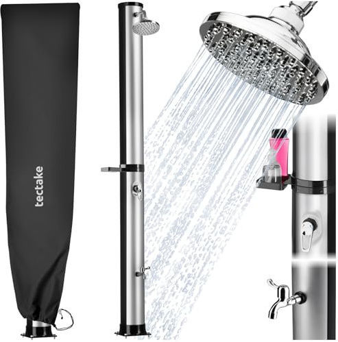 tectake® Doccia Solare da Giardino 40 Litri, Soffione Doccia Orientabile 360°, Accessori Giardino Esterno Campeggio Piscina, con Cover Protettiva, Portasapone, Rubinetto, Attacco Acqua - Nero/Argento