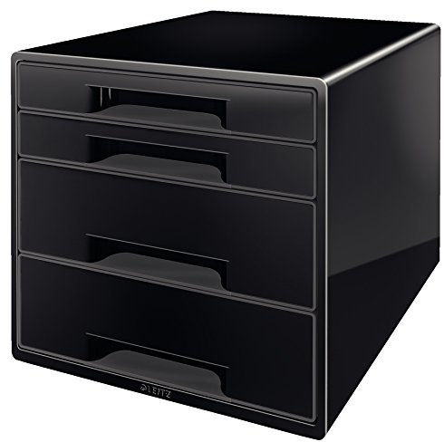 Leitz CUBE Schubladenbox mit 4 Schubladen, Inkl. transparentem Schubladeneinsatz, Zur Aufbewahrung von A4 Dokumenten und Utensilien, Schwarz, 52521095