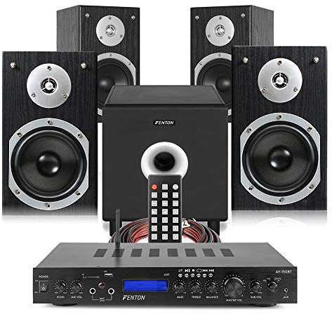 Fenton SHFB55B HiFi Bookshelf Stereo System, 4x 5-Inch Speakers, Bluetooth Amplifier, Surround Sound Subwoofer, Home Audio Speaker Set