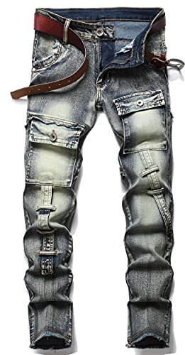 XIMXIMMTIAN Men's Biker Moto Washed Distressed Slim Fit Straight Jeans Denim (34, 2126 Blue)