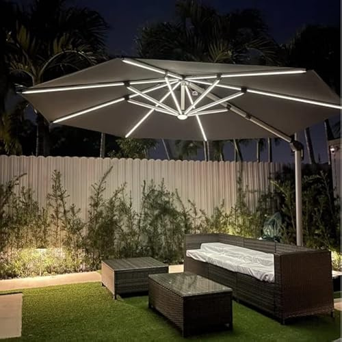 PURPLE LEAF Sonnenschirm Rund 365 cm mit LED Groß 6 Verstellbar, Grau | 360° Flexibilität, Solar-LED-Ambiente, 240 g/m² UV-Schutz, Doppeldach, Optimale Belüftung, Rostfreier Alurahmen, Ampelschirm