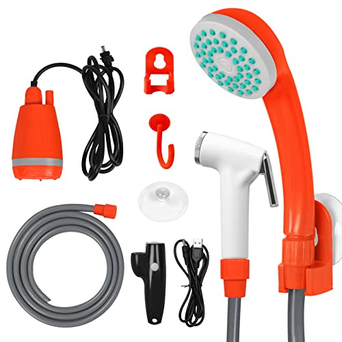 LZQ Campingdusche mit Pumpe Camping Dusche Outdoor mit Handbrause 2000mAh Wiederaufladbarer Lithium-Akku USB-Ladekabel, Mobile Campingdusche für Reisen Strand Camping Garten Autowäsche