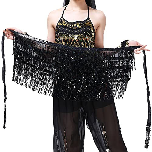Damen Bauchtanz Gürtel Chiffon Hüfttuch, Pailletten Quasten Röcke Latin Tango Salsa Tanzkostüm,Schwarz,Einheitsgröße