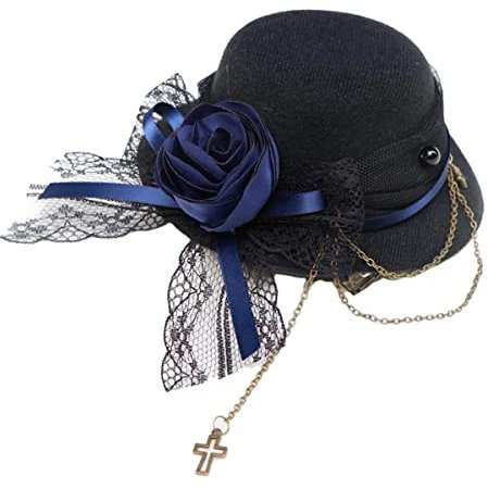 Damer steampunk Lolita minihatt cylinderhatt hårband blomma huvudbonad flicka kostym tillbehör för fest bröllop (svart-blå)