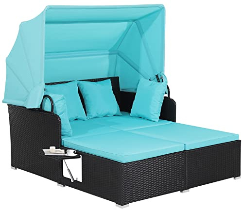 Salches Outdoor Daybed, Patio Daybed with Retractable Canopy, High-Resilient Soft Cushions, Foldable Side Trays, Outdoor Bed Loveseat for Garden, Backyard, Porch (Turquoise)