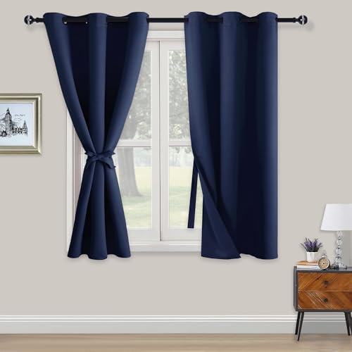 XWZO Blickdichte Vorhänge Verdunklungsvorhänge mit Ösen 2 Stücke Gardienen mit Raffhalter Lichtundurchlässige Vorhänge für Schlafzimmer,WonhzimmerBüro,138x117 cm, Blau