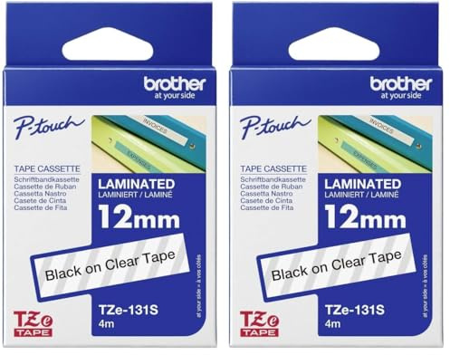 Brother Original P-touch Schriftband TZe-131S 12 mm, schwarz auf transparent (kompatibel u.a. mit Brother P-touch PT-H100LB/R, H105, E100/VP, D200/BW/VP, D210/VP) 4 m lang (Packung mit 2)