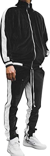 Beokeuioe Jogging Suit Men's Set Long Sleeve Sweatshirt Fitness Sports Trousers for Gym Fitness Men's Tracksuit Gold Velvet Sports Suit for Men with Long Sleeve Zip, A2 Black, L