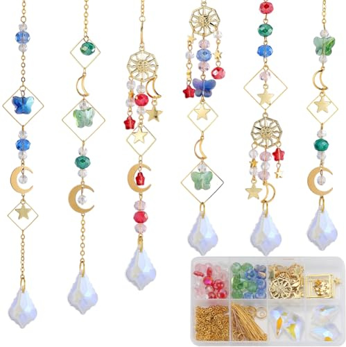 SUNNYCLUE 1 Box 254 Stück Garten Sonnenfänger Regenbogen Maker DIY 6 Sets Sonnenfänger Herstellungsset Goldfarben Sonne Mond Stern Anhänger Bunte Kristallperlen Prisma Hängende Anhänger Für Fenster Dr