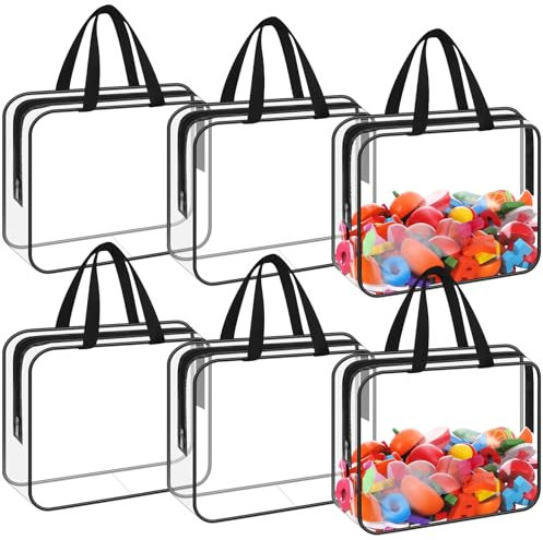 6 Pack Clear Toy Storage Bags with Handles Moving Totes 11.8x8.6 Inch Waterproof Reusable PVC Zipper Pouch Organizer Bag for Baby Toys, Game Pieces, Balls(Black)