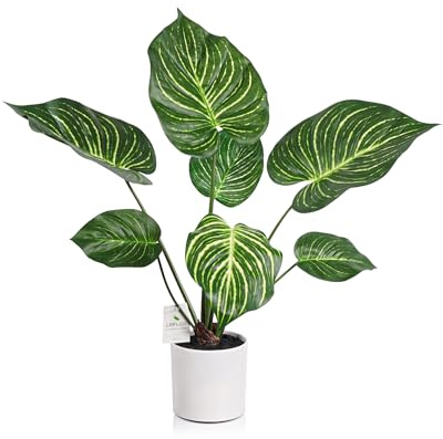 Leflos 68cm Plante Artificielle Monstera Deliciosa pour intérieur, Plante Artificielle Feuille de zèbre, Petit Arbre Tropical Artificiel en Pot Blanc