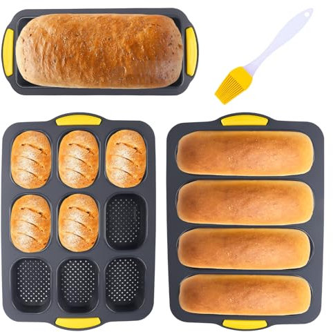 BlyeMichdi 3 Stück Brötchen Backform Silikon, Baguette Backform Mini Baguette Backblech, Antihaft Wiederverwendbare Baguetteform, Französische Brotform mit Öl Pinsel, für Muffins, Brot und Brötchen