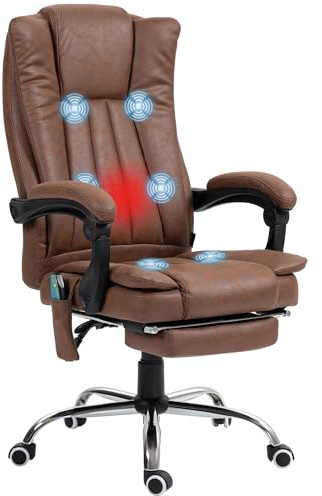 Vinsetto Silla de Masaje con 6 Puntos de Masaje Silla de Oficina Giratoria Silla de Escritorio Reclinable con Altura Ajustable Función de Calefacción Reposapiés Retráctil y Control Remoto Marrón | Silla de Escritorio Giratoria, Masaje Vibratorio, Función Calefacción, Reposapiés Retráctil, Altura Ajustable, Control Remoto