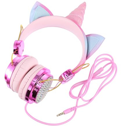 BELLIFFY Cartoon over Ear Headset with Unicorn Horn Cat Ear Shape | Abs Golden Build, 3.5mm Plug and Volume Control, 1.2m Lead for Tablets and Computers School Season Decor