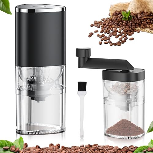 Portable Electric/Hand Tapered Burr Coffee Grinder,USB Rechargeable Small Coffee Bean Grinder for Vanilla Peanut Grain Beans Grind Settings from Fine to Coarse for Travel Camping Office Kitchen Home