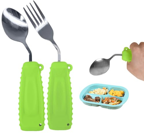 Adaptive Utensilien, gewichtetes Besteck für Zitternde und Parkinson-Patienten, Utensilien für ältere Menschen, Set Löffel und Gabel (Grün-Rechts)