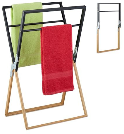 Relaxdays Portasciugamani Pieghevole a 4 Aste, Piantana da Terra Bagno, Porta Asciugamani Ferro e bambù, Naturale Nero, 87x53x38 cm