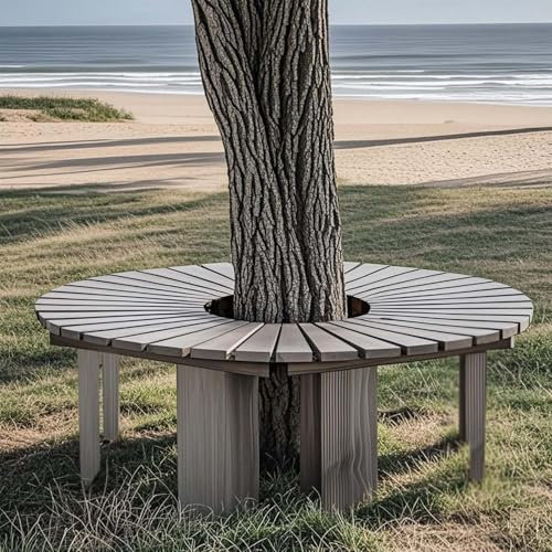 Yopappol Wetterfeste Baumbank aus Holz für den Außenbereich, Gebogene Bänke, umlaufende Terrassensitzmöbel für Park, Veranda, Rasen oder Balkon, grau(Half Round)
