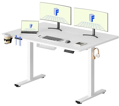 FLEXISPOT 140 x 60 cm Electric Standing Desk, Sit Stand Table Height Adjustable Desk with Backpack Hook and Memory Smart Pannel, Home Office Desk White