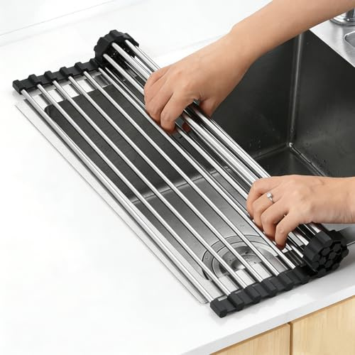 Roll Up Dish Drainer Rack, Over The Sink Dish Drying Rack Kitchen Rolling Drying Mat, Foldable and Removable Stainless Steel Dish Drying Over the Sink, Drainer Rack for Kitchen Sink Counter Storage