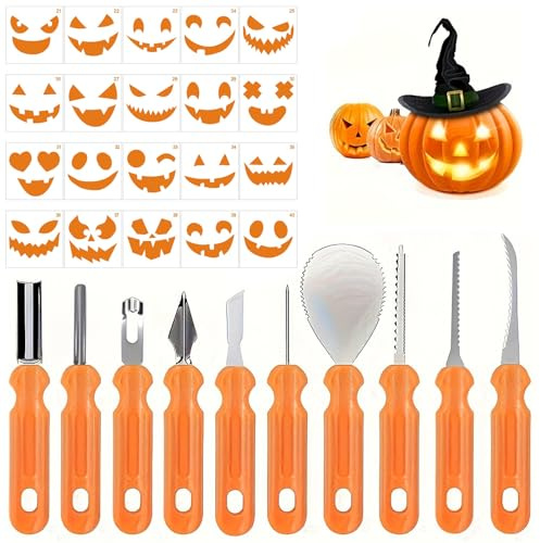 ANBOO Halloween Kürbis Schnitzset Kürbisschnitz Set Kürbis Schnitzen Werkzeug Pumpkin Kürbis Schnitzen 10 Stück Schnitzwerkzeug Kürbis + 20 Schnitzvorlagen Kürbis Schnitzset Kinder Halloween Deko
