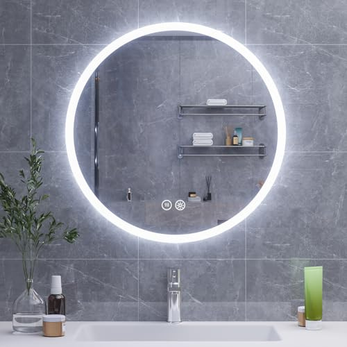 HySail Badspiegel mit Beleuchtung, 5mm Hochauflösender Silber-Spiegel, 3 Farbtemperaturen & Dimmbare Helligkeit, Wandspiegel mit Touch-Schalter & Anti-Beschlag, Rund