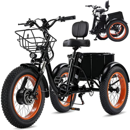 NOMIGO Electric Tricycle for Adult Folding E-Trike 3 Wheel Ebike 3 Wheels Bicycle Powerful 500W Motor 48V15AH Lithium Battery Max 20MPH 20 * 4.0” Fat Tire E Tricycle Electric Trike Black