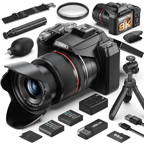 8K & 64MP Digitalkamera für Fotografie, 48X Zoom (16X Optisch + 3X Digital) mit Mondmodus, 180° Klappdisplay, WLAN, Micro-HDMI, inkl. 64GB SD-Karte & 2 Akkus – Vlogging Kamera für YouTube