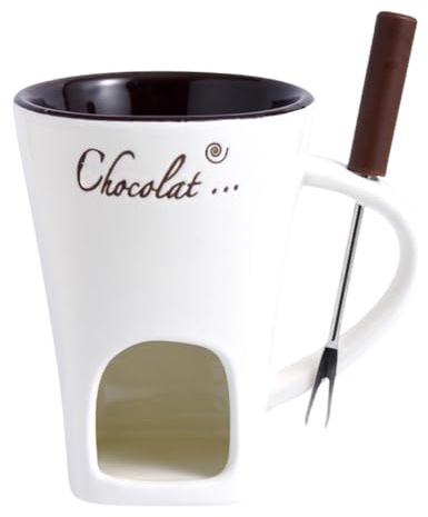 Chocolate Fondue Mug with Forks - Chocolate Melting Cup Ceramic Butter Warmer & Melting Cup Set, Tealight Fondue Pot for Cheese/Chocolate/Snacks Light Candle Fondue Melter Set for Home(Beige) (C)