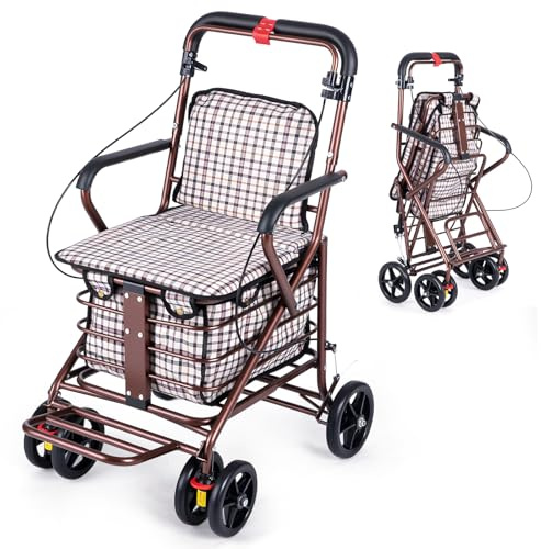 Shopping Trolley with Seat for Seniors, 4 Wheel Shopping Trolley, Foldable Shopping Cart with 360° Rolling Walker with Brakes and Comfortable Chair for Mobility and Rest