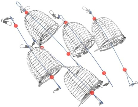 Healeved Gabbia per Esche da Pesca in Acciaio 5 Pezzi Coperchio a Molla Trappola Portatile per Sperlani Granchi e Gamberi Accessorio Leggero per Pesca Outdoor