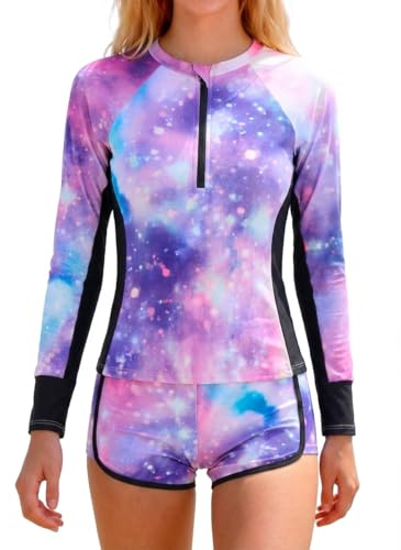 JiAmy Girls Swimming Costume 2 Piece Set, UV Sun Protection Long Sleeve Rash Guard Top with Shorts Tie-dye Printed Teen Swimsuit 12 Years, Purple Sky