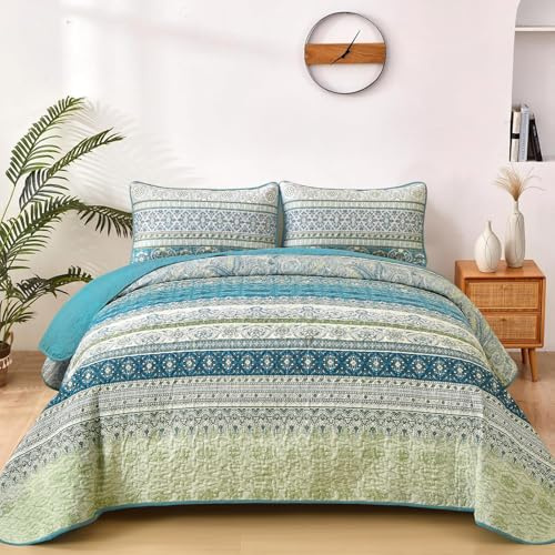 WONGS BEDDING Tagesdecke 220X240 Bettüberwurf Boho Decke Steppdecke 3 Teilig Doppelbett Gesteppt Bettdecke Mikrofaser Wohndecke mit 2 Kissenbezug 50x75 für Schlafzimmer als Sofaüberwurf (Hellgrün)