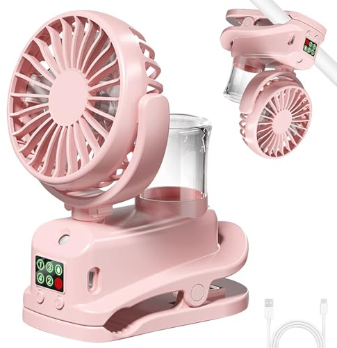 Ventilateur de table à clip, USB, avec brume d'eau, 4 vitesses, avec clip, réglable, avec affichage LED, pour bureau, rose