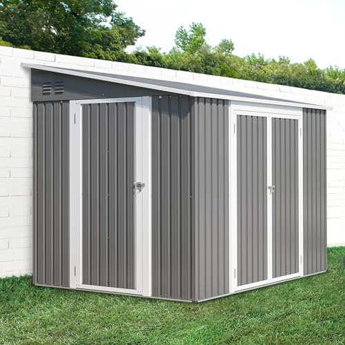 Platzsparender Anbau Geräteschuppen Metall 6x8 ft, Gartenhaus -Metallschuppen mit Doppeltüren & Schloss Wasserfestes Gerätehaus für Garten, Outdoor Werkzeugschuppen, Grau (Grey, 262x180x201 cm)