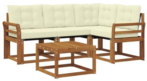 HETFTJN 5-teilige Outdoor-Sofagarnitur Gartenmöbel Set aus massivem Akazienholz und Textilene modernes Lounge-Set mit Tisch und Sitzkissen für Garten Terrasse und Hinterhof Natur und Creme