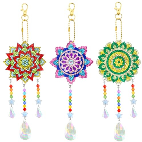 CavspkArt Diamond Painting Kits for Kids Ages 6-12, Arts and Crafts for Girls Boys 8-10 Year Old, 3PCS DIY Diamond Art Suncatcher Wind Chime Kit, Crystal Pendant Craft Toy for Window Garden Home Decor