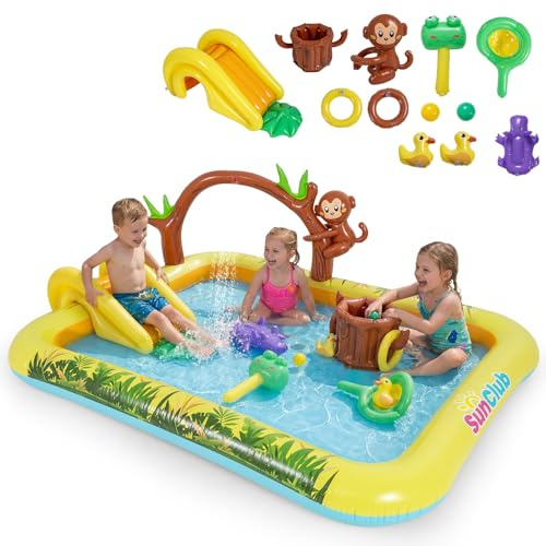 FANTASK Parque Infantil Hinchable Jungle Adventure con tobogán, Piscina Infantil, Mono, aspersor y tocón, Piscina Infantil con Accesorios, Parque acuático para niños a Partir de 2 años
