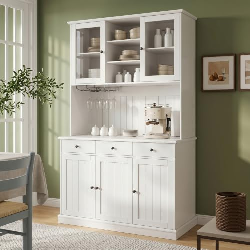 Mrwoo Tall Kitchen Cabinets with Charging-Port and Adjustable Shelves, Kitchen Cupboard with Storage Drawers, Glass Cabinet Doors & Wine Glass Holder, White